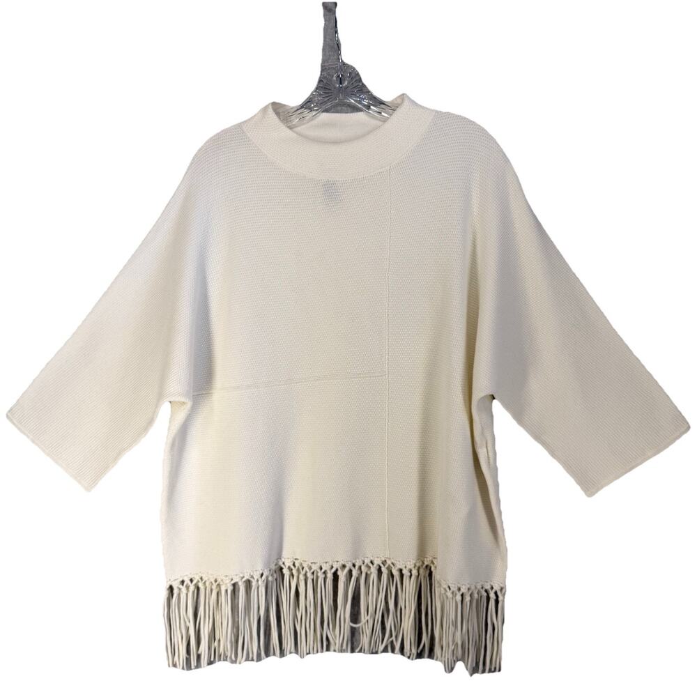 Joseph Ribkoff Womens Sweater M L Ivory Fringe Hem Mock Neck